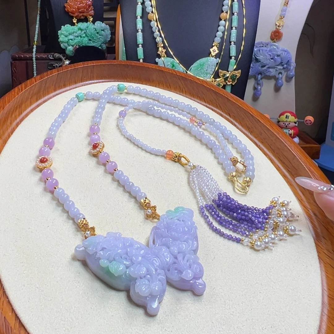 翡翠未镶嵌毛衣链冰紫蝴蝶