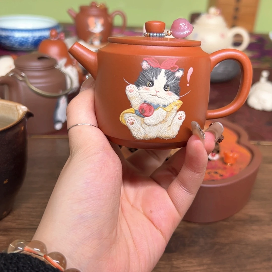 紫砂茶壶朱泥汲直猫咪壶130ml