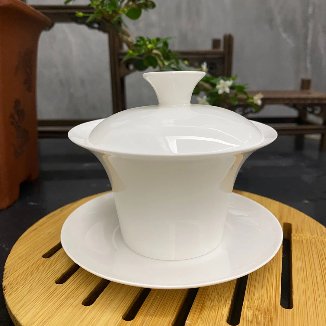潮州骨瓷平底马蹄盖碗盖下约90ml满水110三才盖碗防烫功夫泡茶具