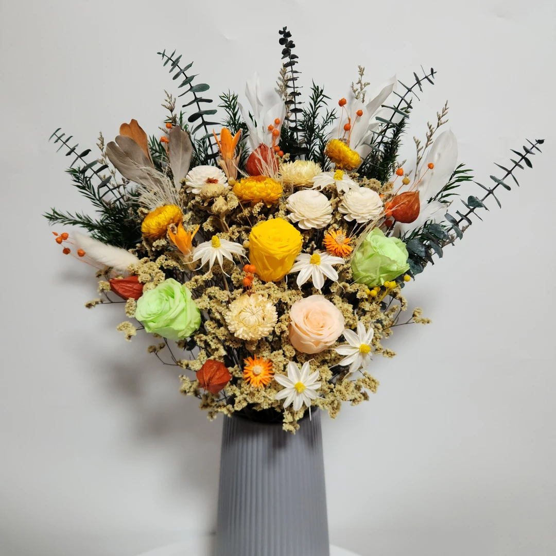 永生向日葵真花保鲜花束花瓶套装用于室内橱窗装饰