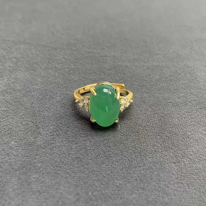 （七七甄选）时尚绿玉髓蛋面戒指合金镶嵌Q122