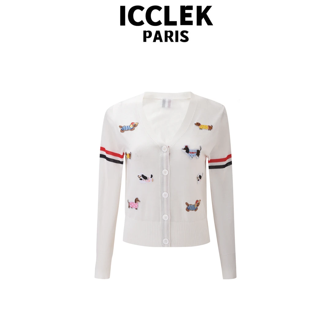 ICCLEK 白色小狗长袖针织衫 夏季 休闲 百搭 -5517