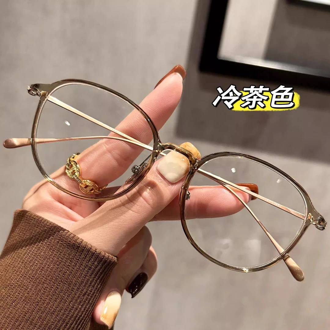 复古冷茶素颜钛架防蓝光近视眼镜女可配度数超轻大框显脸小平光镜