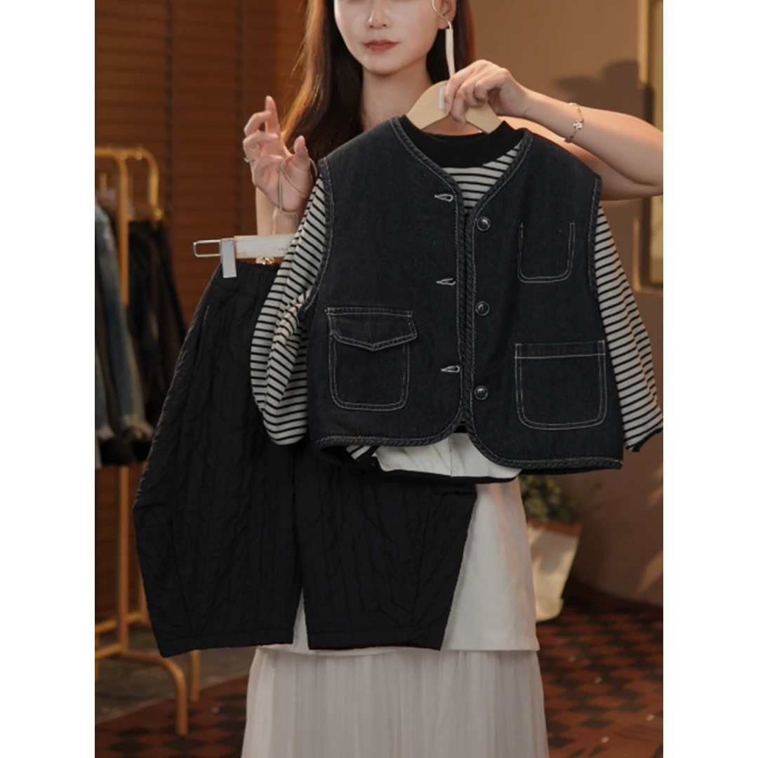 童泰【断码】男童牛仔马甲2025秋冬装韩版条纹打底衫纯色休闲裤中小