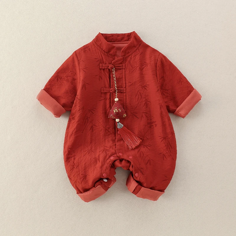 婴儿中式秋季连体衣国风男女宝宝新生儿春秋满月百天抓周岁宴礼服