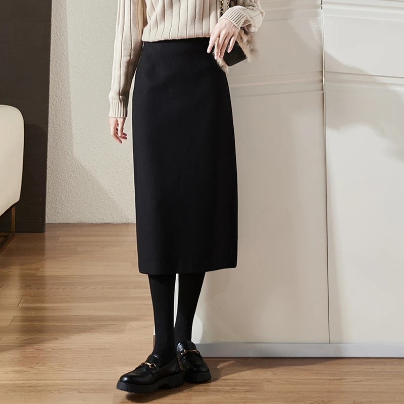 女士高腰加厚开叉半身裙蔻菲图2025秋季新款正品羊毛呢显瘦中长裙