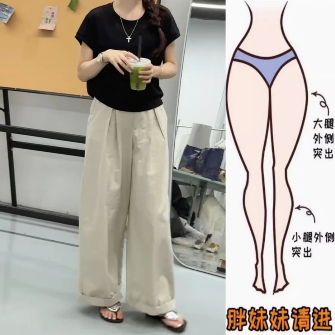 景倩妮时尚舒适慵懒风直筒休闲裤2025夏季新款高腰显瘦宽松阔腿裤