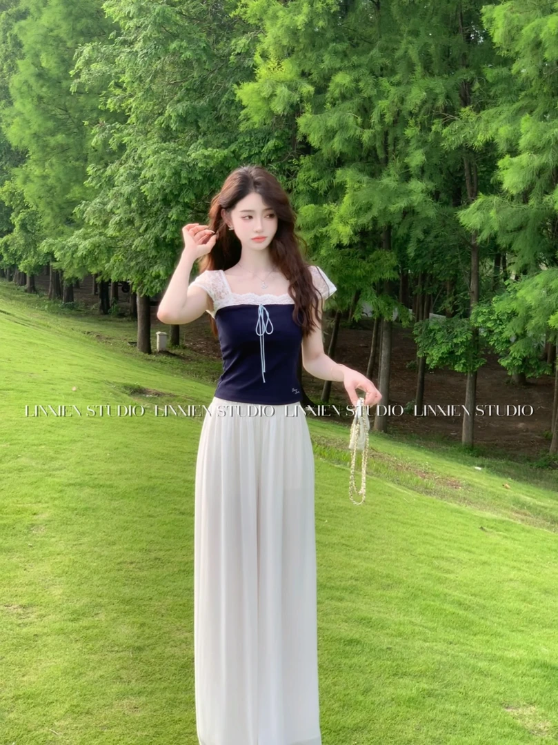 西恩定制●【心动魔方】夏季时尚设计感纯欲蕾丝拼接上衣LNX5SY1733