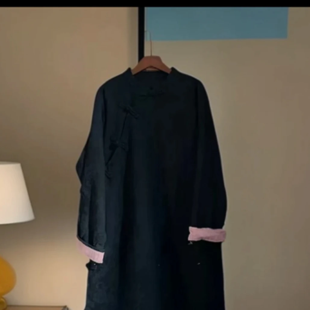 亚麻盘扣提花中长衫复古斜襟