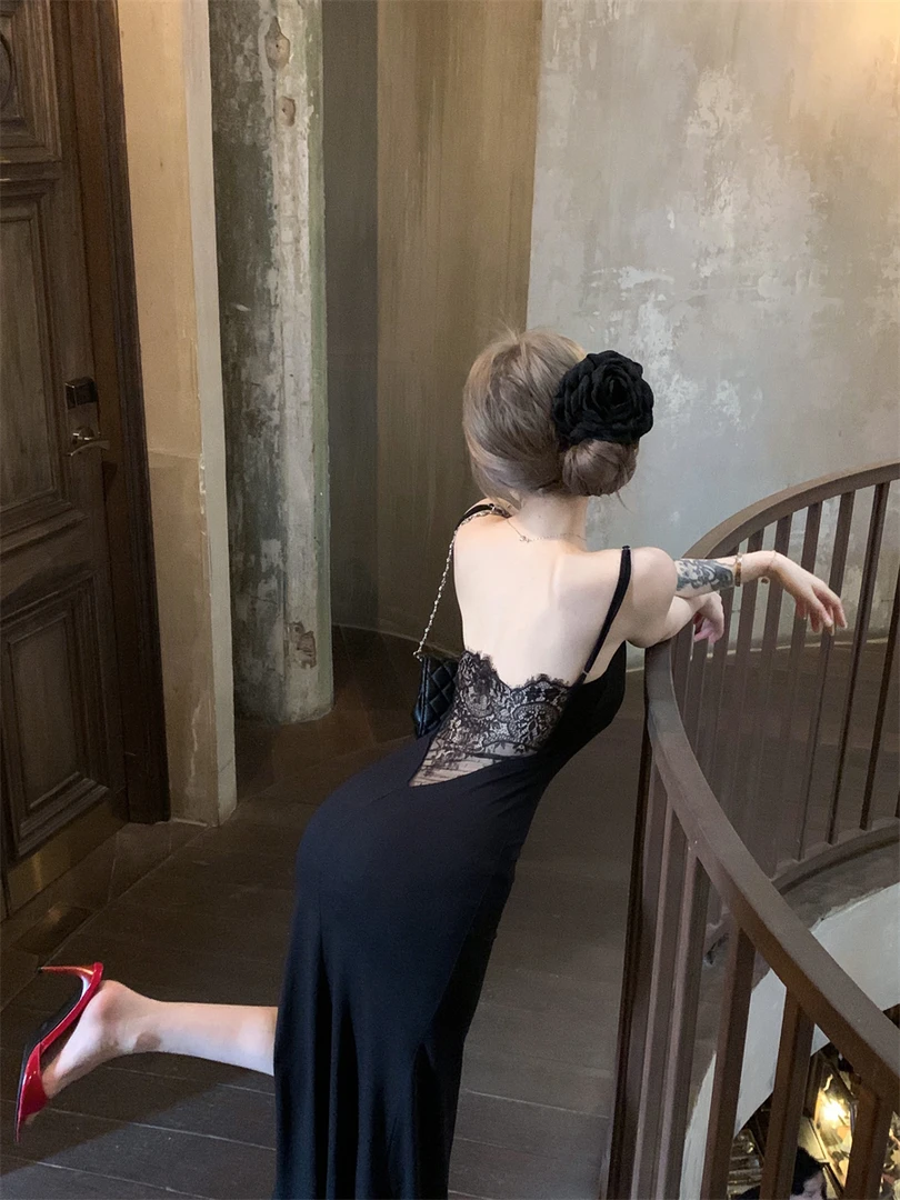 纯欲风辣妹性感蕾丝露背吊带连衣裙修身包臀裙收腰显瘦高开叉长裙