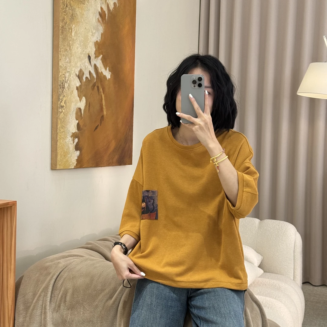 喜樂   2025圆领拼接印花短袖T恤春季新款时尚百搭休闲女简约上衣