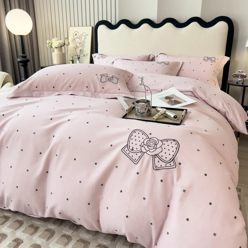 2025新款波点蝴蝶结全棉磨毛四件套加厚纯棉被套床单秋冬床上用品