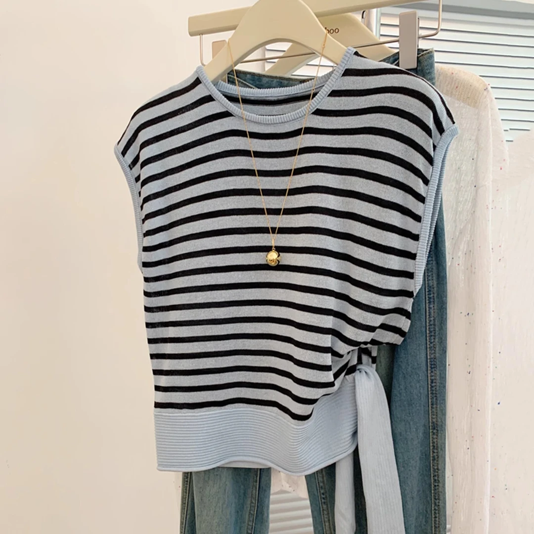 2025夏季新款时尚洋气条纹无袖针织衫女宽松显瘦百搭休闲气质上衣