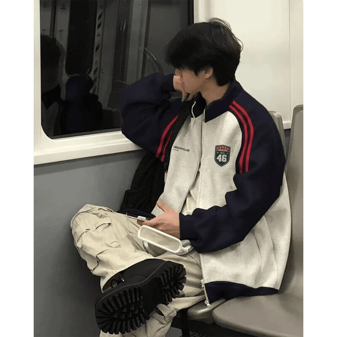 潮流盾标字母印花立领拼接两条杠开衫外套男女秋冬季宽松休闲卫衣