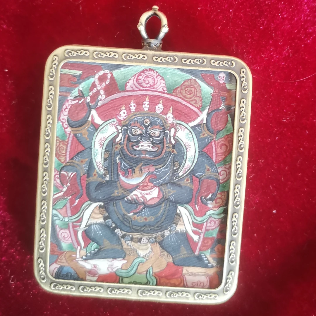 六臂玛哈葛啦大黑天齐岗手绘小唐卡4X5cm画芯 铜壳钛钢壳任选