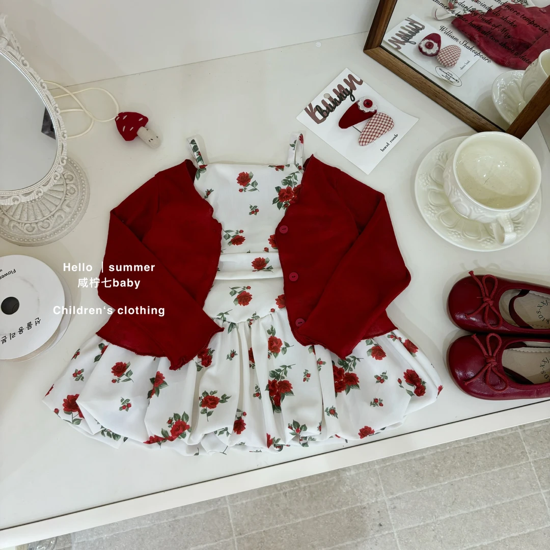 【咸柠七】原创！女童碎花玫瑰花吊带裙夏季防晒衣开衫两件套