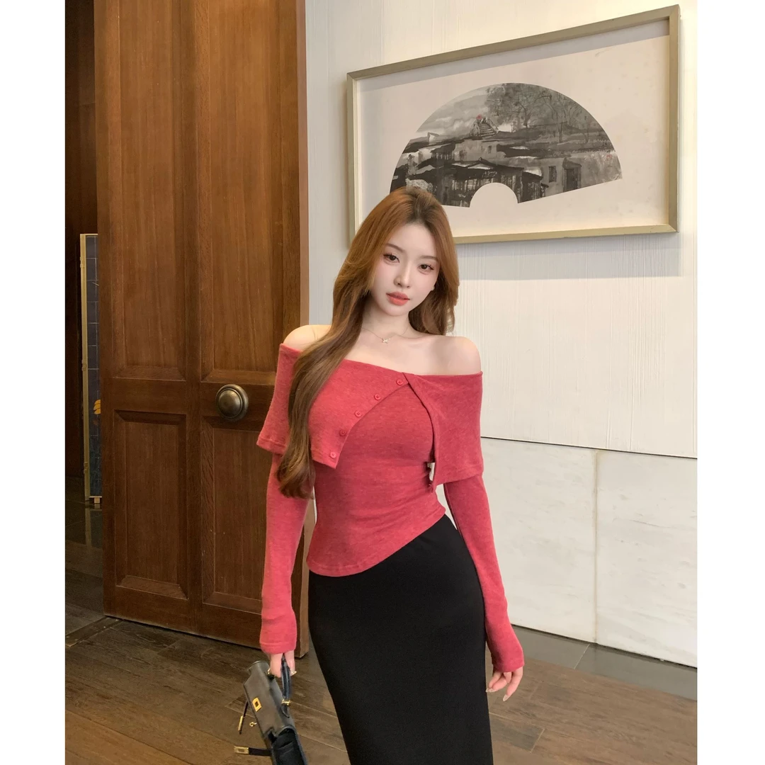 SZA【烟罗寒水】秋季新款设计感一字肩不规则长袖针织毛衣A-2352