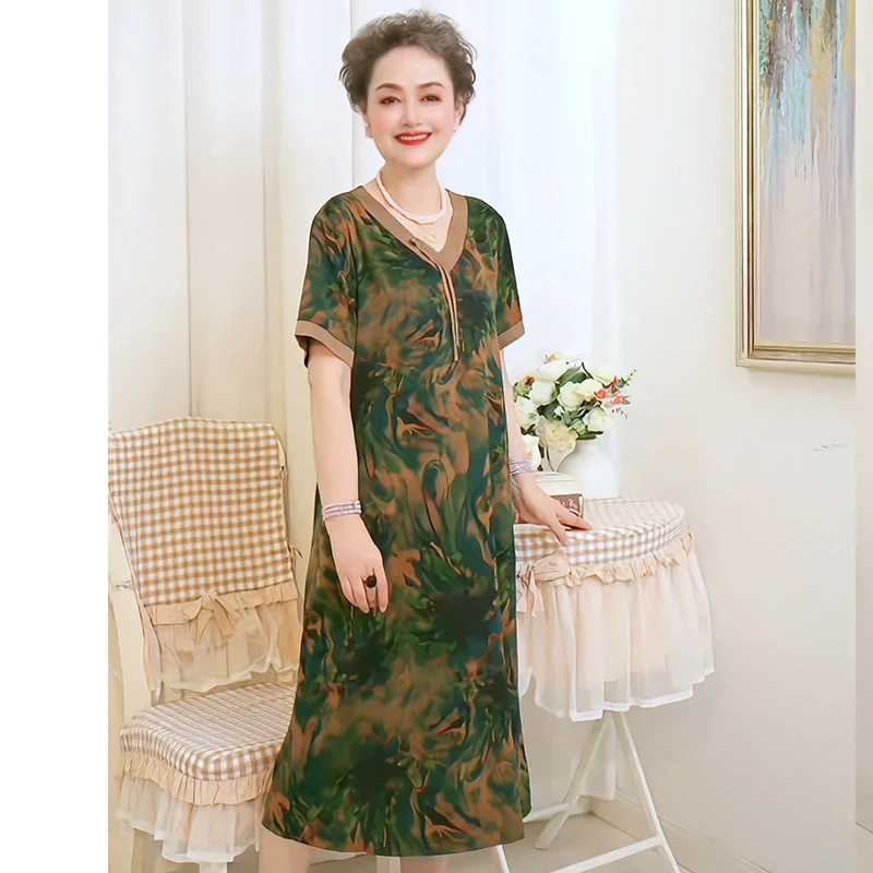 时尚妈妈装夏季短袖连衣裙气质中国风中式长裙50岁中老年裙子