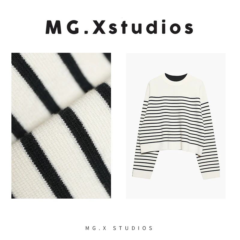 【玄素分弦】MGX圆领针织条纹女宽松型衫长袖设计感M54B5831M1JL