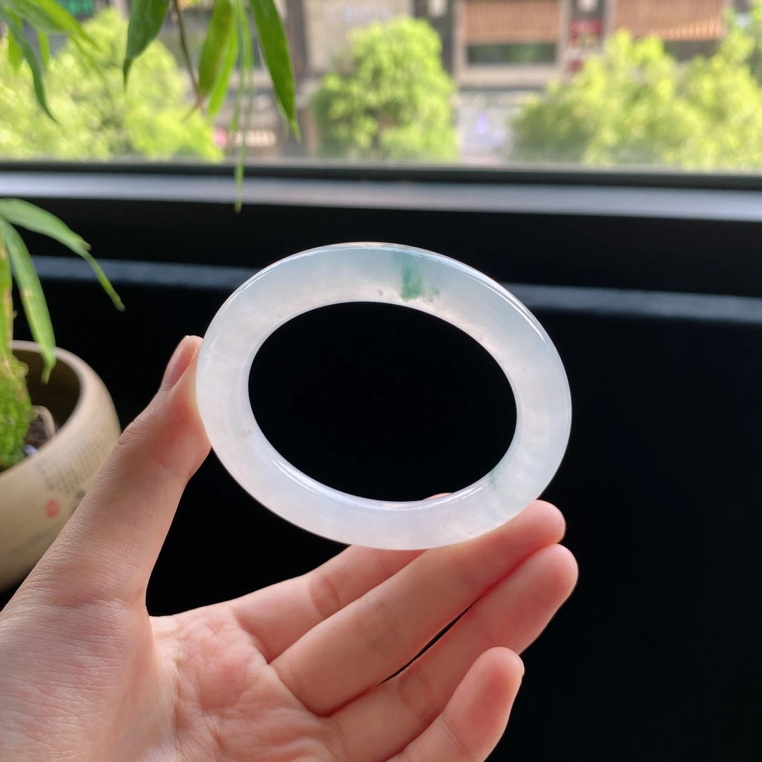 好色珠宝 圈口52缅甸老坑A货冰糯种飘花圆条女款翡翠手镯