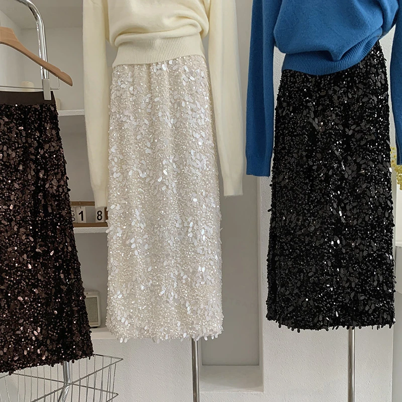 &HR亮片丝绒半身裙女后开叉显瘦直筒包臀长裙气质宴会时尚