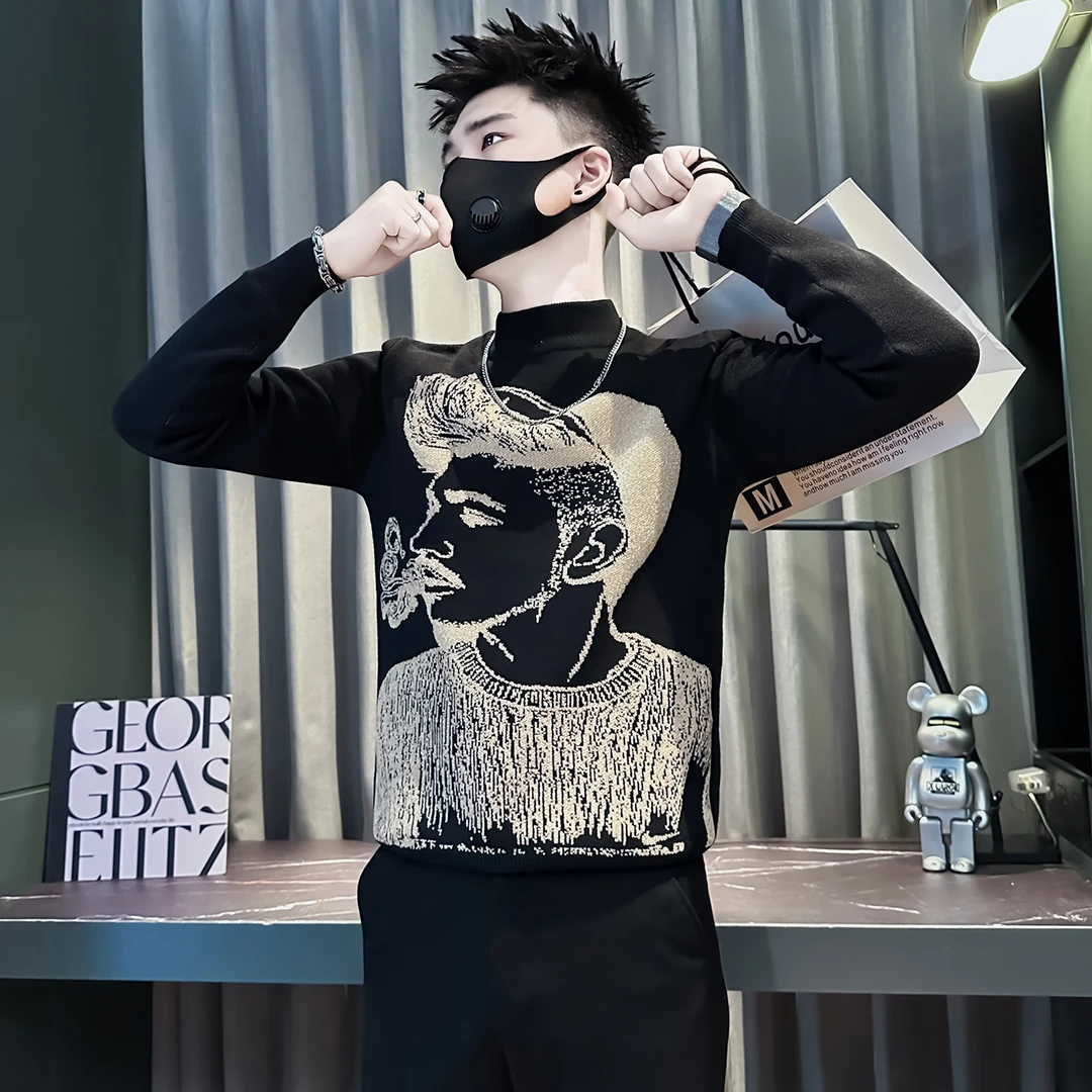 个性人物提花毛衣男款冬季潮流痞帅男装保暖修身打底针织衫毛线衣