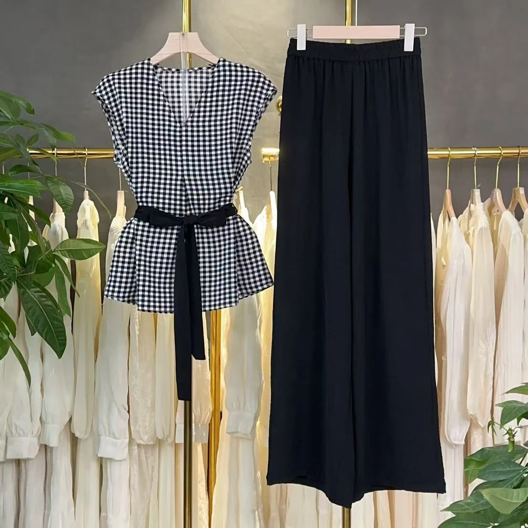 【三件套】时尚套装2025新款夏高级感洋气上衣+休闲裤+腰带套装M307