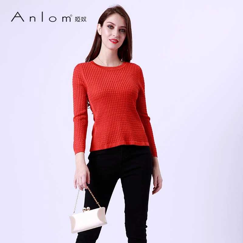 Anlom/娅奴秋冬新款针织套头衫女休闲圆领新桑蚕丝纯色打底衫女