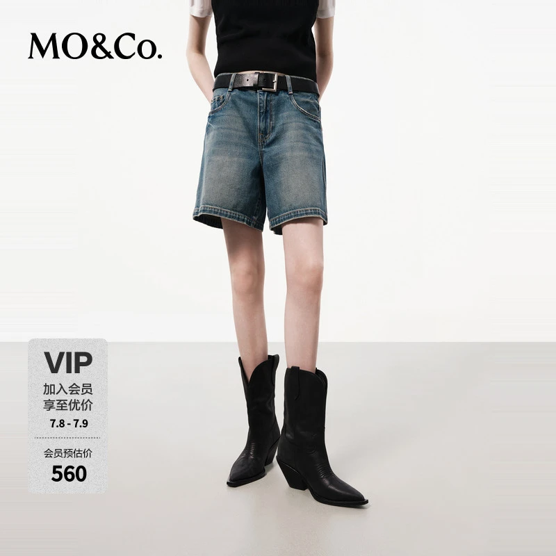 MOCO夏季中低腰洗磨靛蓝棉质简约直筒牛仔裤短裤MBD2SOTK01
