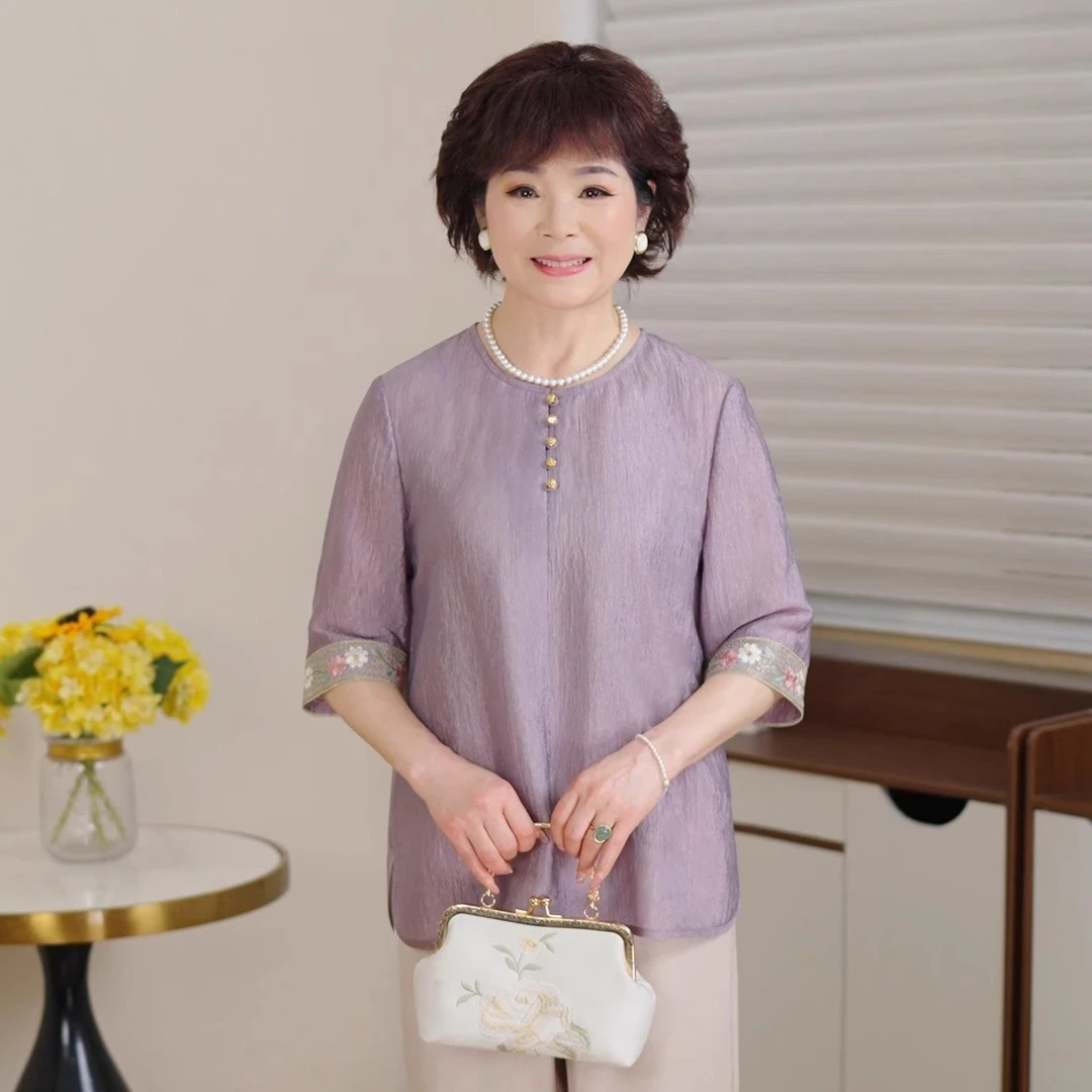 罗蒙新中式妈妈夏装七分袖上衣2025新款中老年春夏洋气刺绣小衫