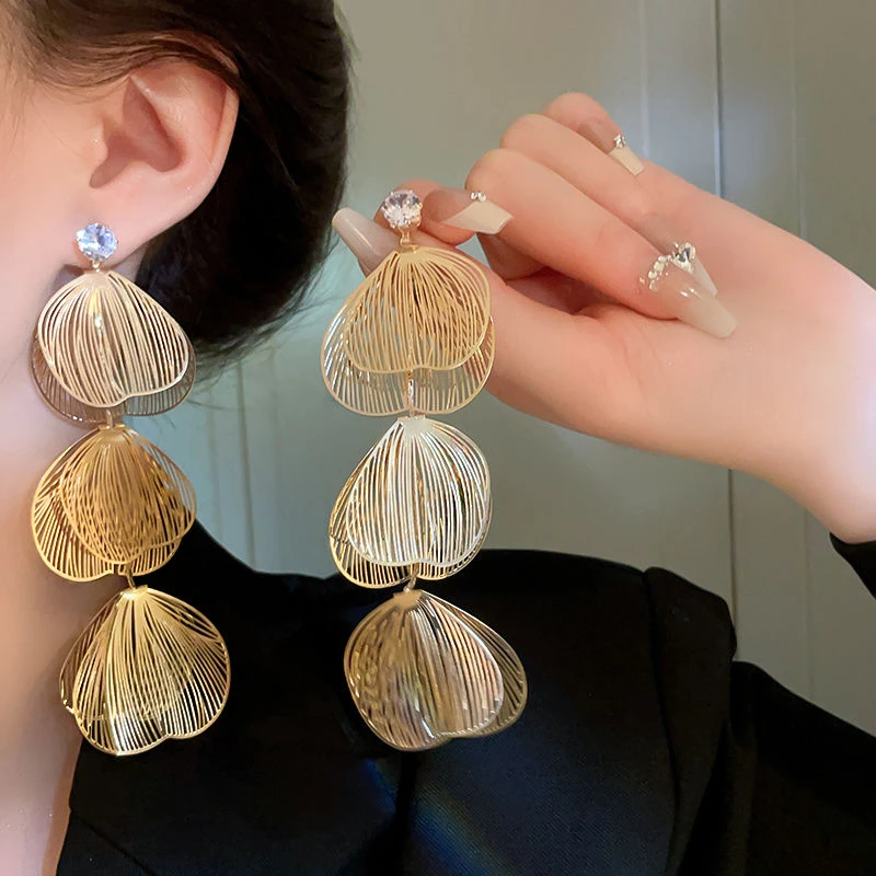 铜合金耳饰 欧美轻奢叶子耳坠气质高级大气长款流苏夸张耳饰耳环