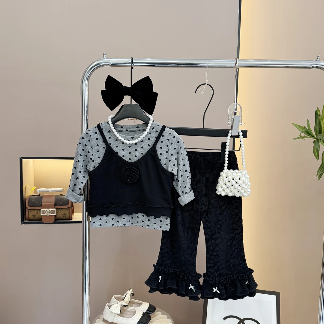女童春季小童韩版波点吊带套装时尚新款洋气儿童网红时髦三件套