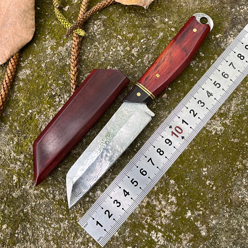 大马士革水果刀户外防身野外露营荒野求生排障刀具便携式木盒小刀