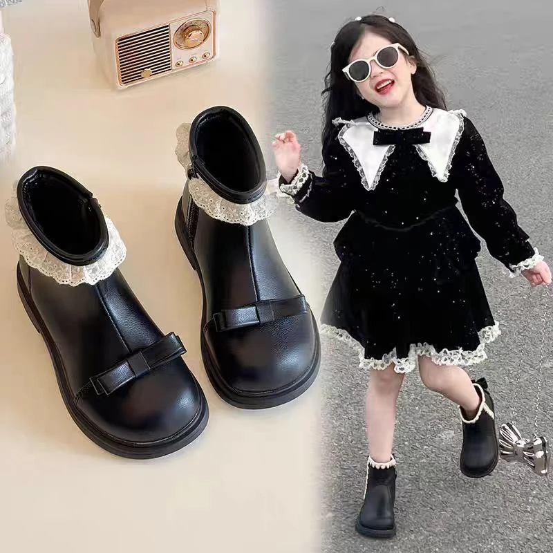 女童公主靴二棉靴子2025秋季新款儿童马丁靴女宝宝加绒保暖皮短靴