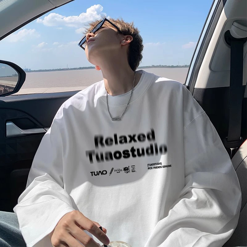 美式高街重磅正肩卫衣男春秋季黑色内搭长袖t恤基础款情侣装秋季