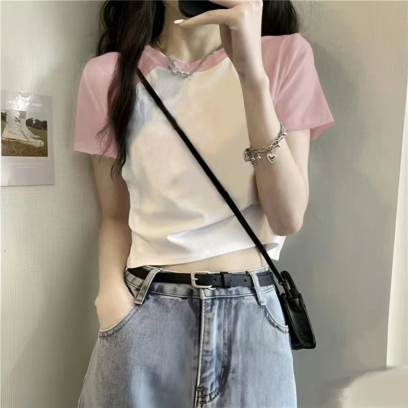 美式潮牌设计感纯白拼接粉色短袖T恤女夏季宽松重磅上衣