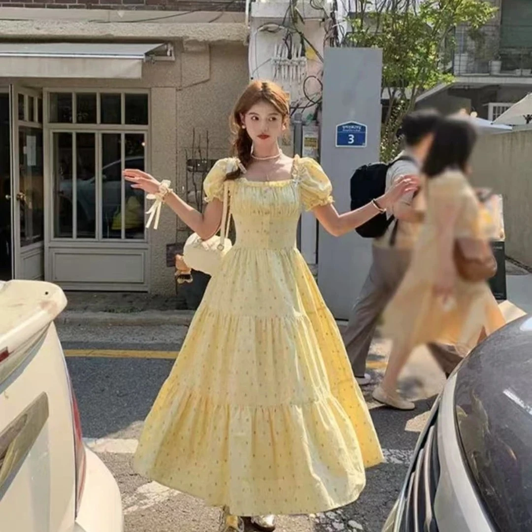 高腰泡泡袖A型森系夏季长款公主甜美碎花温柔常规大码连衣裙-6338