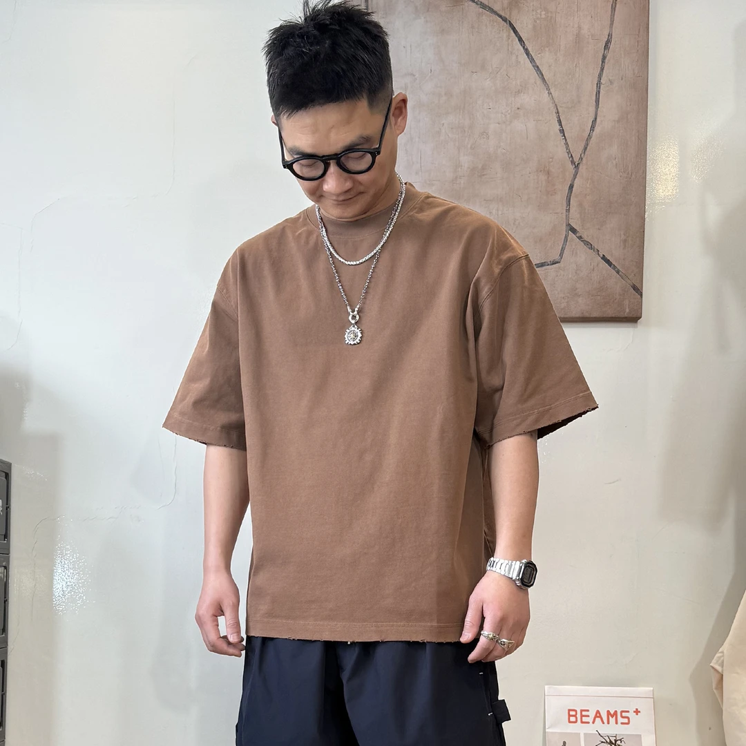 25夏季新款日系复古做旧磨边水洗休闲纯色短袖T恤男夏季宽松打底T