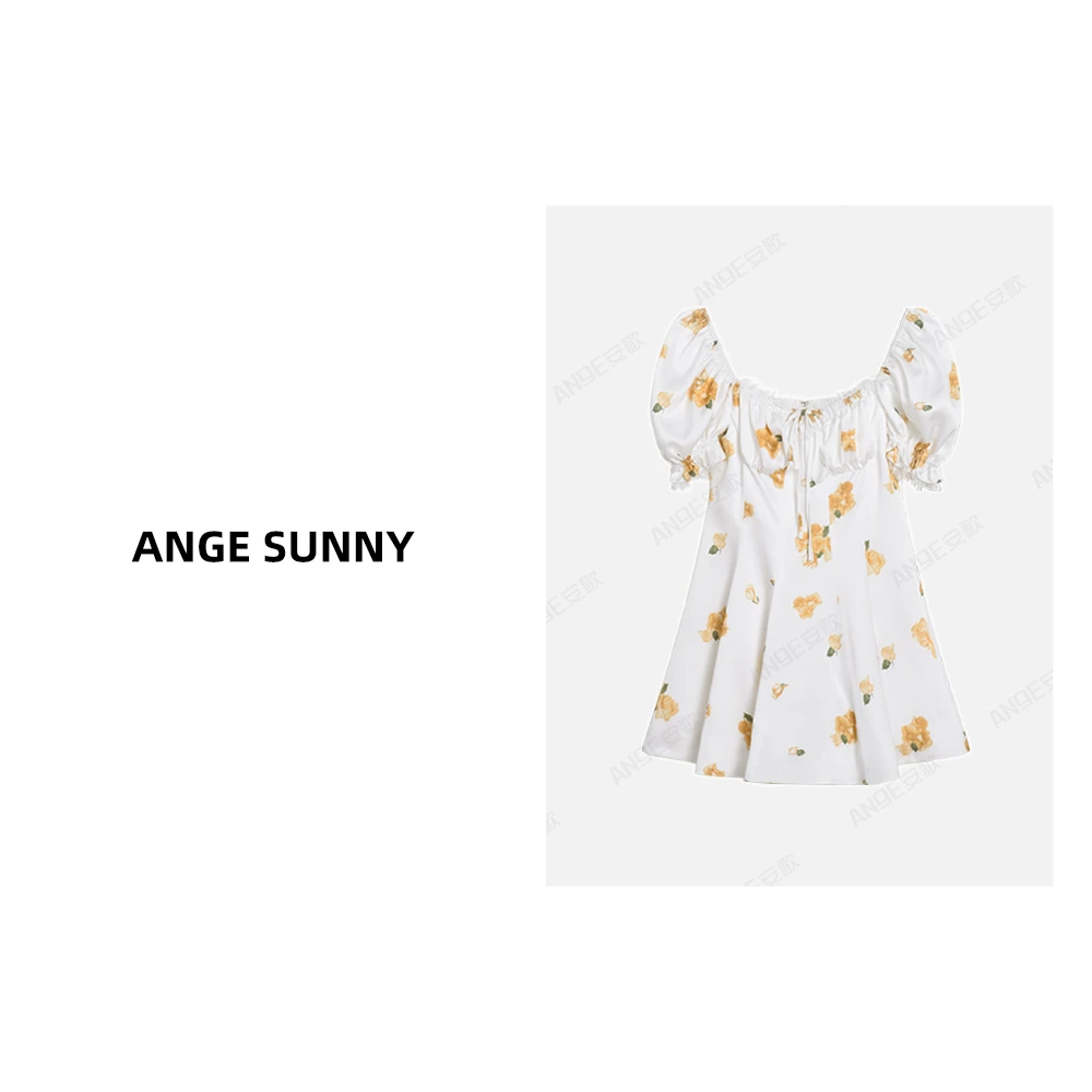 ANGE SUNNY【刘亦菲同款 方领印花连衣裙】印花泡泡袖蕾丝花边伞裙