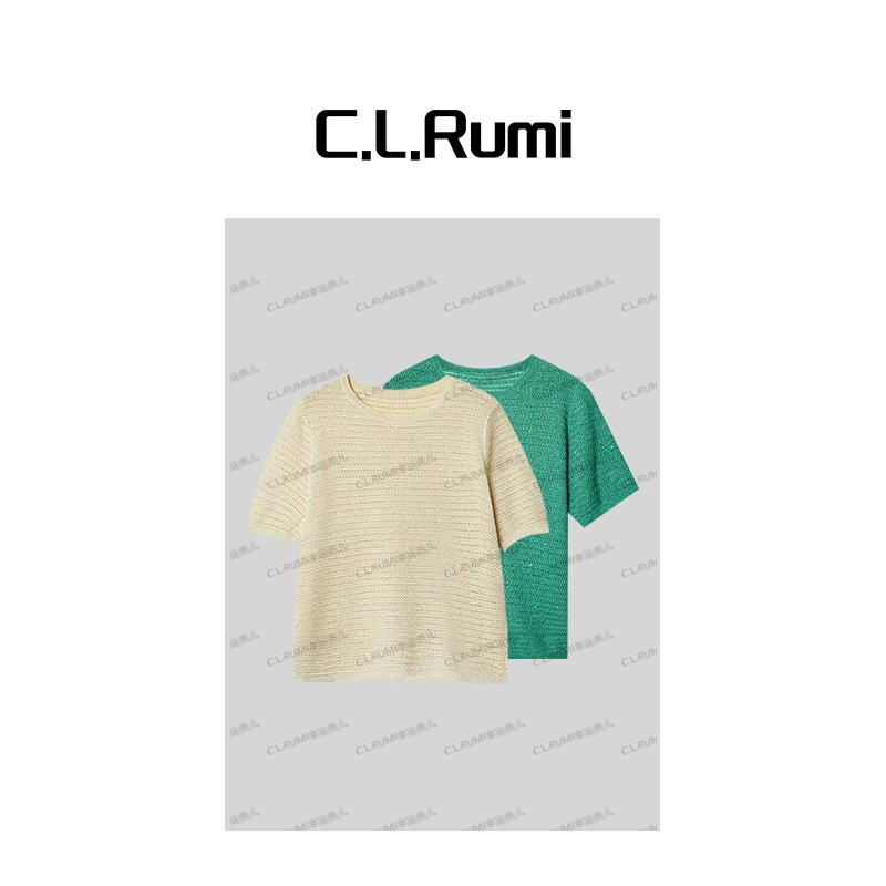 【Rumi时装】“西米露”25夏薄嵌闪宽松显瘦汉麻珠片短袖上衣6994sy