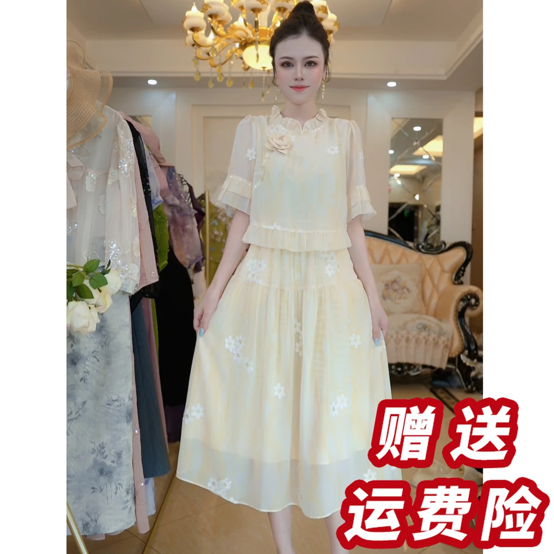 时尚I气质洋气假俩件礼服裙2025夏季修身裙子D3422