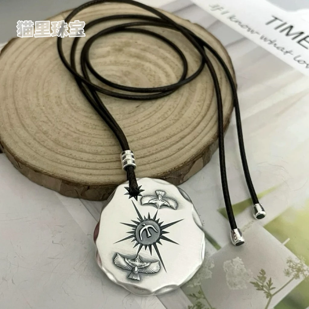 吊坠足银 足银999老鹰复古磨砂羽毛古法平安无事圆牌男士个性潮男