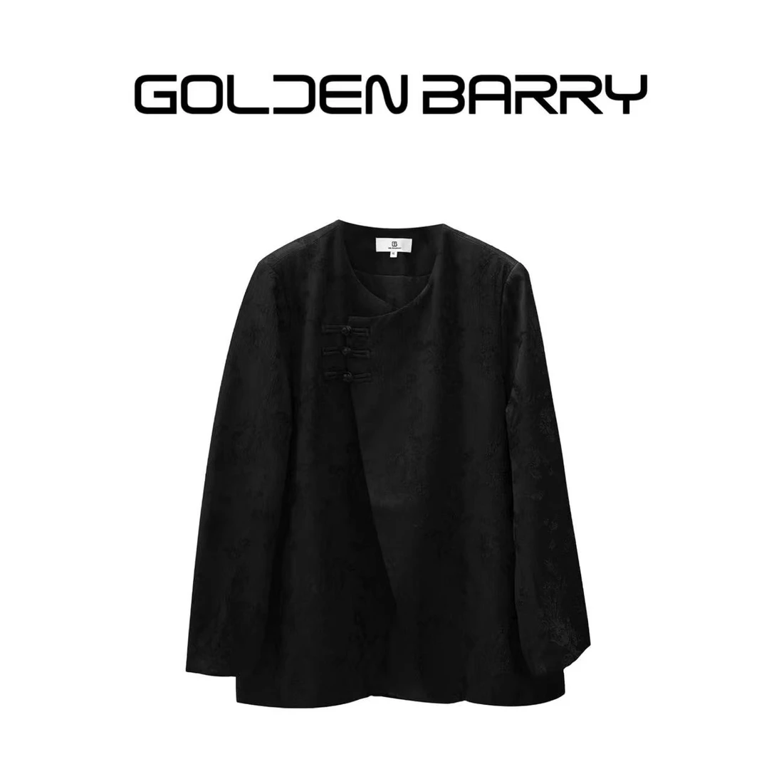 GOLDENBARRY|124067国风提花中式圆领潮流外套黑色休闲【瑕疵】