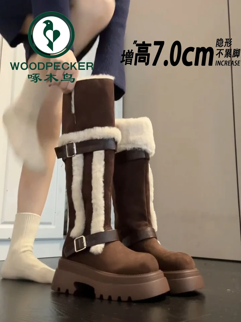 啄木鸟法式复古两穿保暖雪地靴女2025新款冬季加绒厚底增高长筒靴