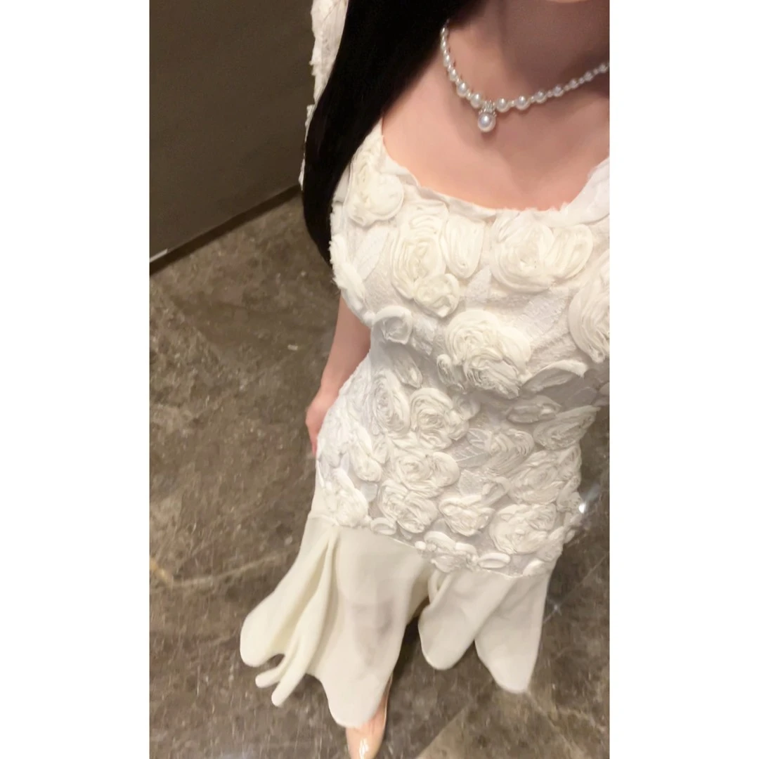 【珠白】2025新款法式刺绣玫瑰吊带裙轻奢气质收腰礼服鱼尾裙连衣裙