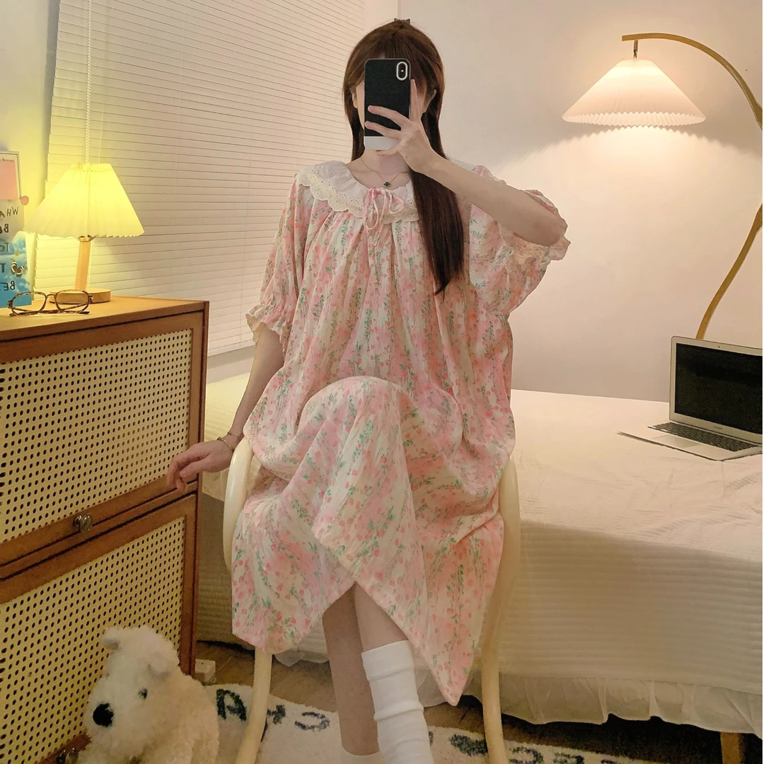 夏季带胸垫睡裙女短袖中长款连衣裙甜美韩版大码家居服睡衣可外穿