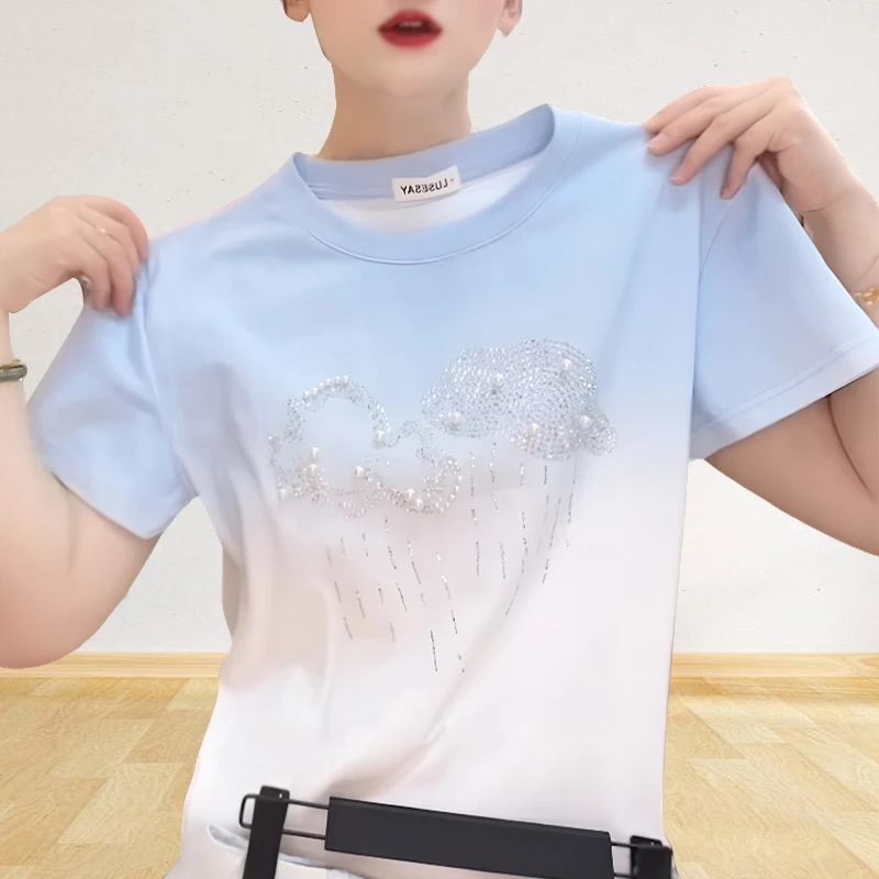 时尚森系风渐变色休闲t恤女ins上衣夏季洋气衣服减龄显瘦纯棉短袖