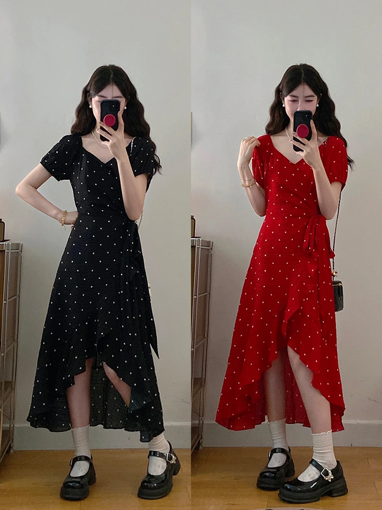 大码女装黑色红色波点花裙肌理感不规则裙摆A字裙短袖连衣裙