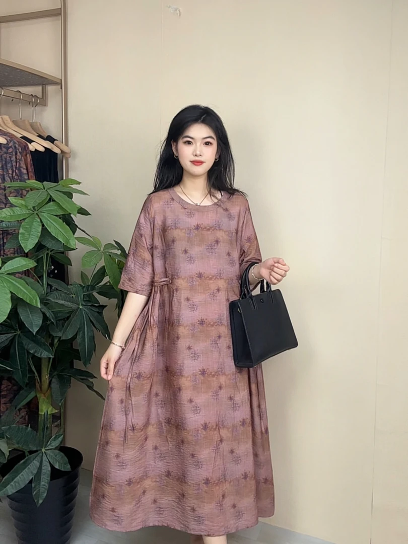 【ZYR】原创复古印花高级连衣裙女高端品质轻薄宽松大码长裙6652
