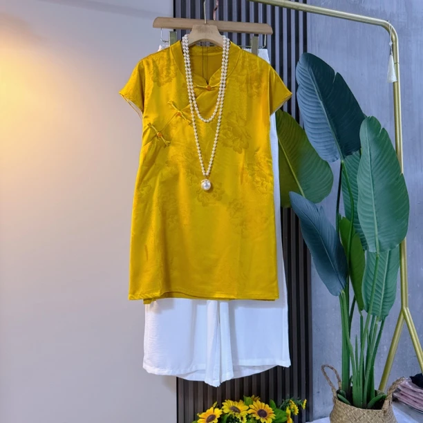 新中式夏季复古国风大码女装盘扣提花上衣中国风文艺气质宽松显瘦